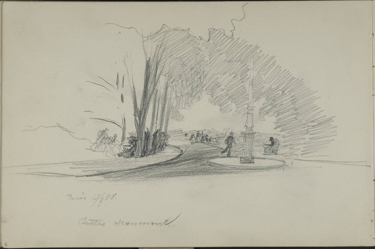 Paris, Buttes Chaumont (im Skizzenbuch kopfstehend), Leopold Bauer