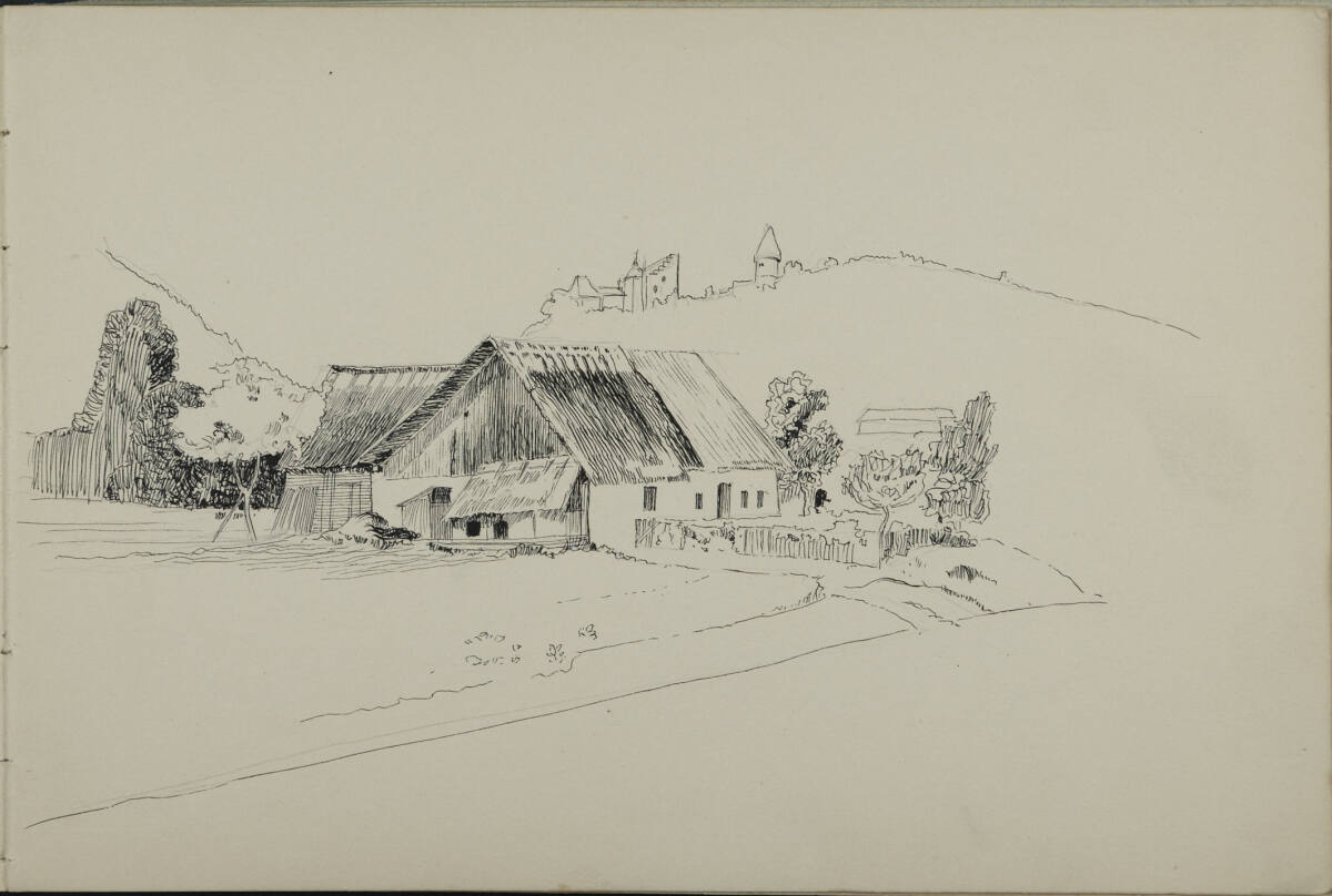 Skizze eines Bauernhauses, im Hintergrund eine Burg (kopfstehend), Leopold Bauer, 1900