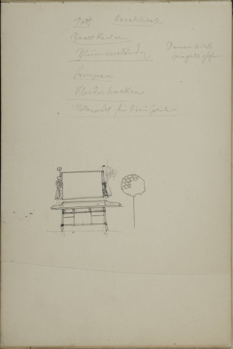Skizze einer Psyche oder eines Notenständers und Notizen zu Mobiliar, Leopold Bauer, 1900