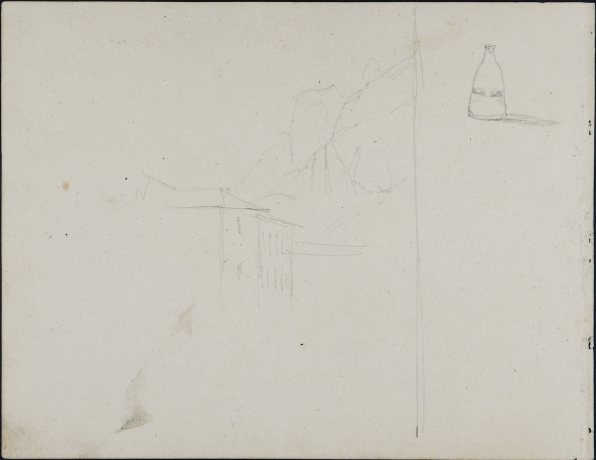 Grobe Landschaftsskizze mit Haus; Flaschenstudie, Carl Gauermann