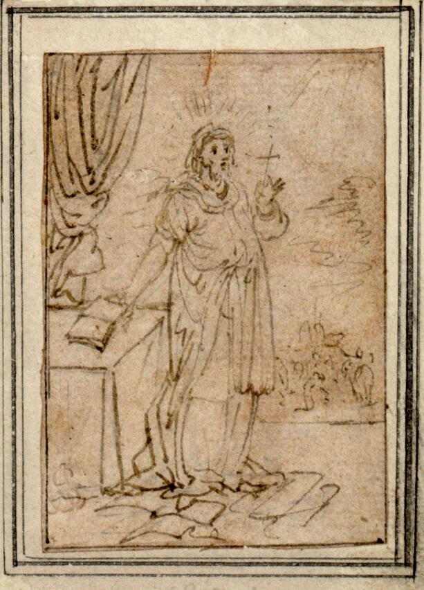 Stehende Heiligenfigur, weltliche Schriften zu Boden werfend, Inv. Nr.: 13465