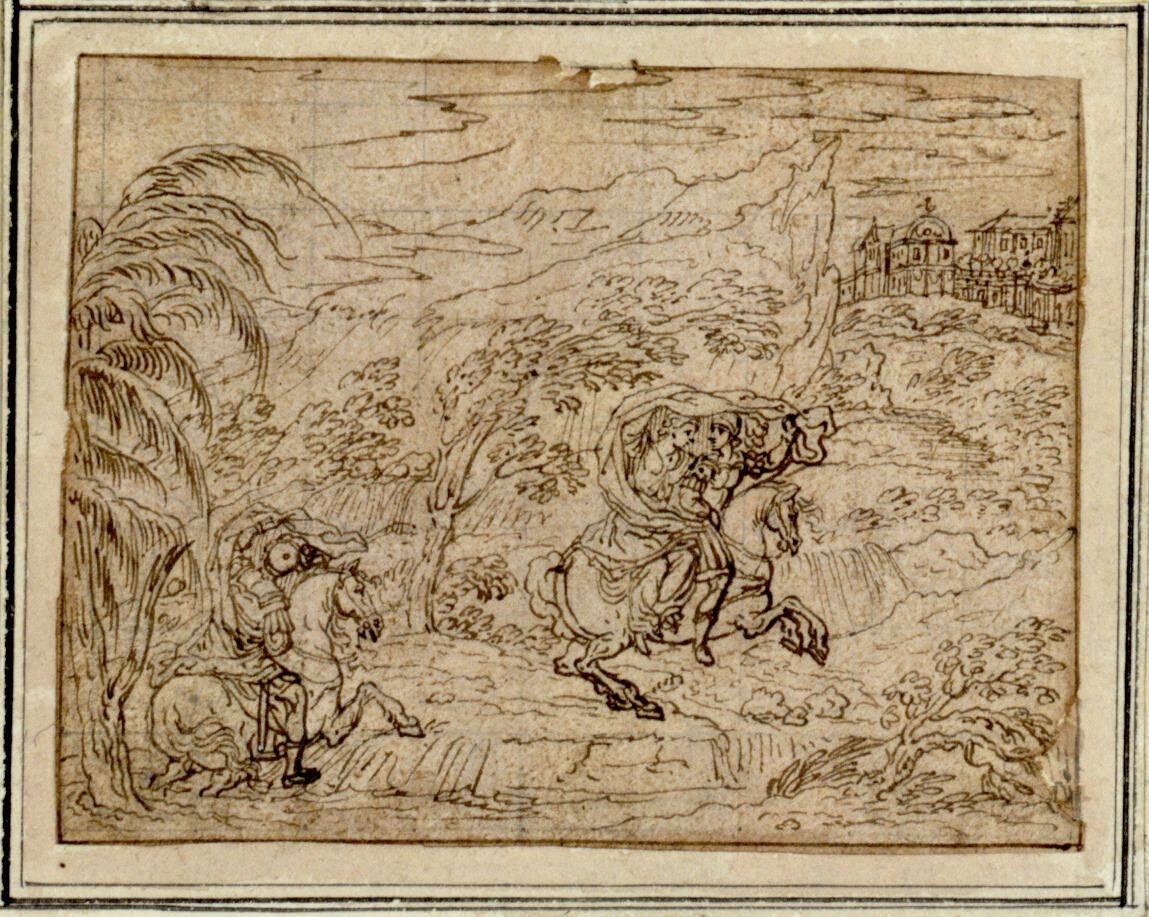 François Chauveau, Clodwig und Clothilde reiten im Gewittersturm; dahinter Aurèle, Inv. Nr.: 13…