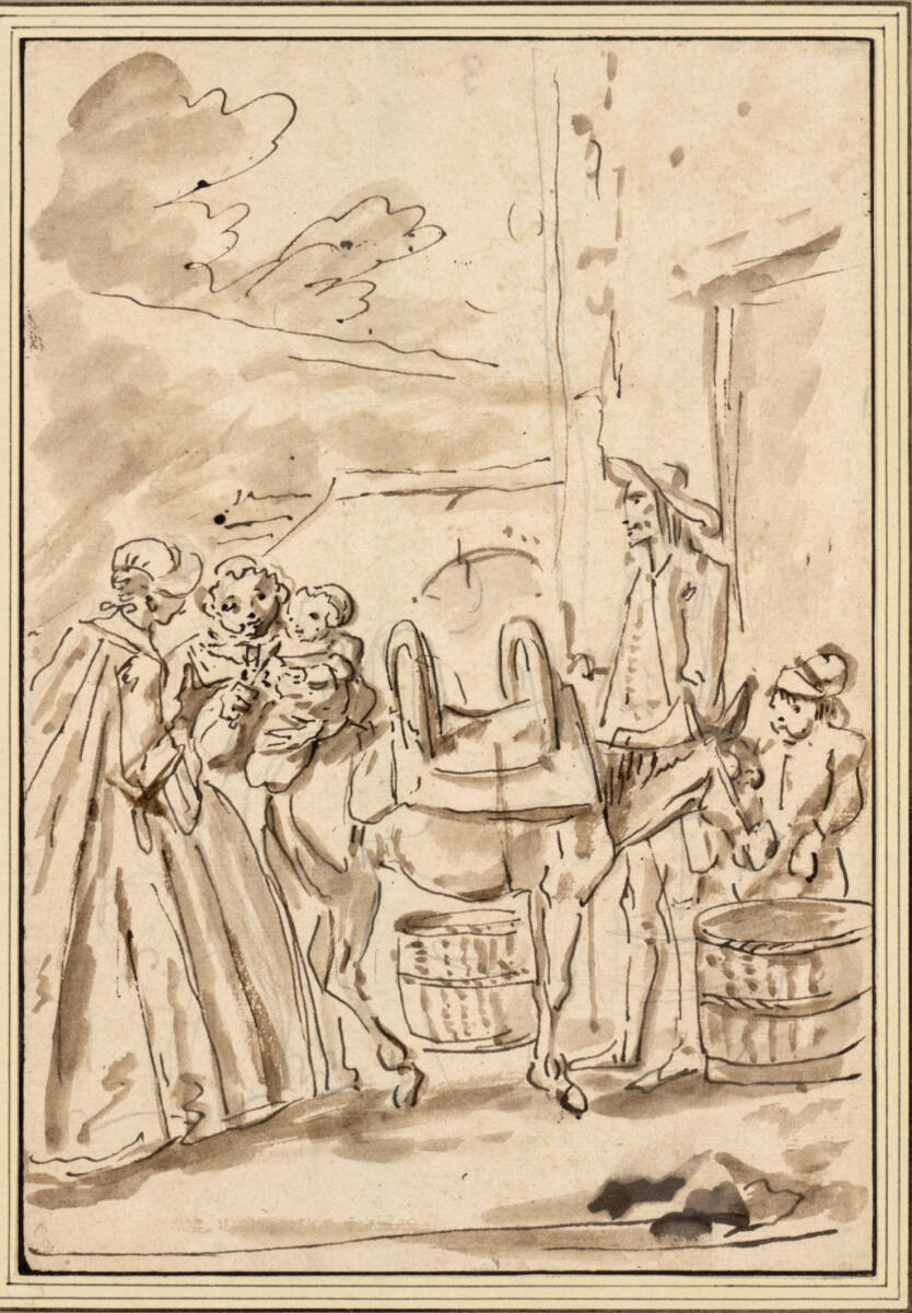 Zwei Damen mit Kleinkind bei einem Maultier - Marktszene auf dem Place Maubert in Paris, Cornelis Troost