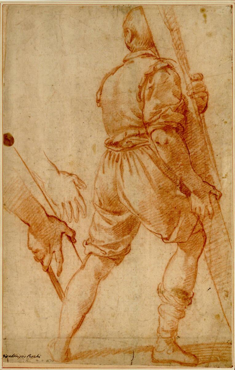 Fabrizio Boschi, Schreitender Jüngling in Rückenansicht nach rechts. (Er hält einen langen Balk…