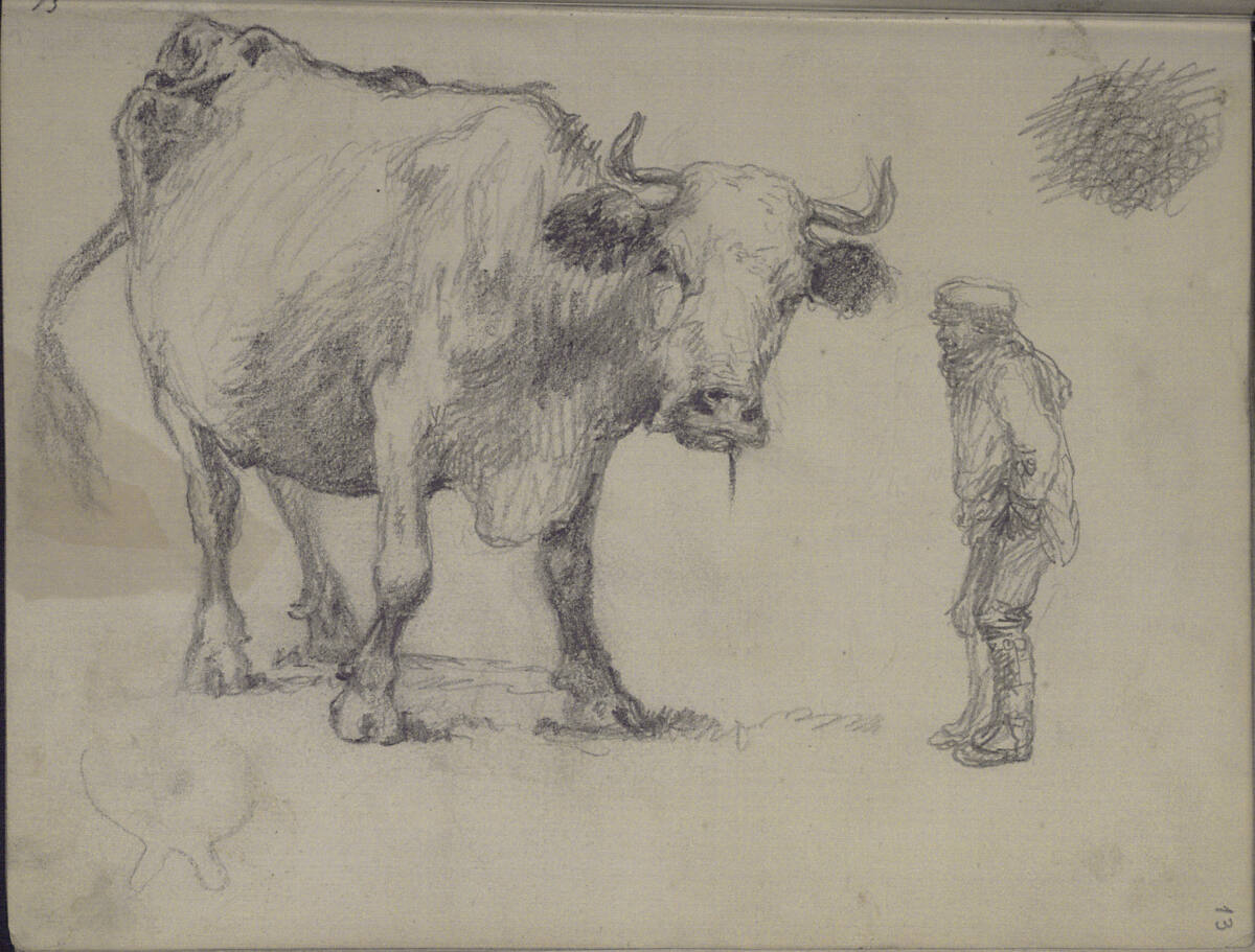 Studie einer Kuh, die mit Gras im Maul aus dem Bild schaut; Skizze eines Euters; kleinere Zeichnung eines Bauern; Kritzelei, Teutwart Schmitson, 1858–1863