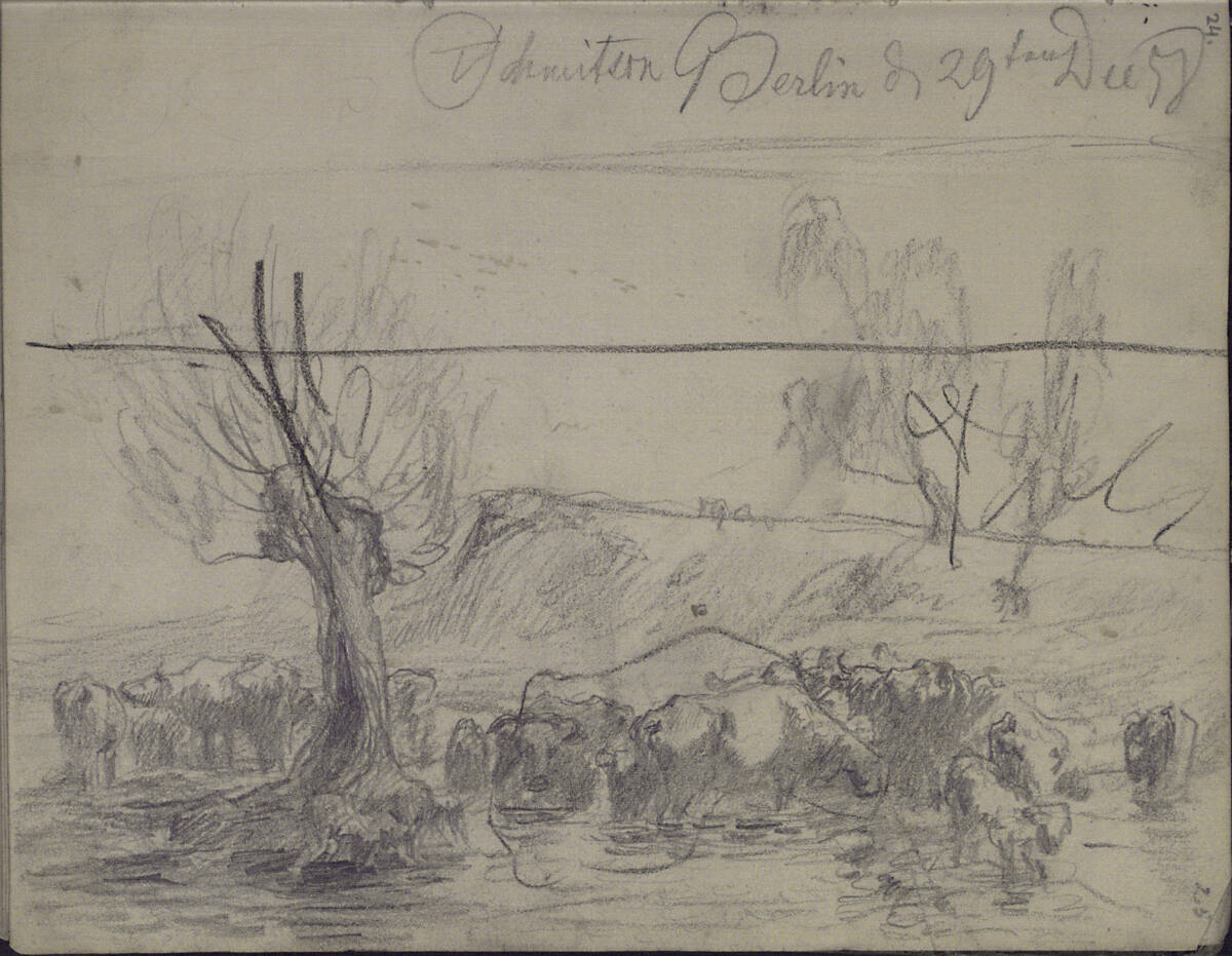 Rindertränke in flacher Landschaft mit Kopfweide, Teutwart Schmitson, 1858-12-29