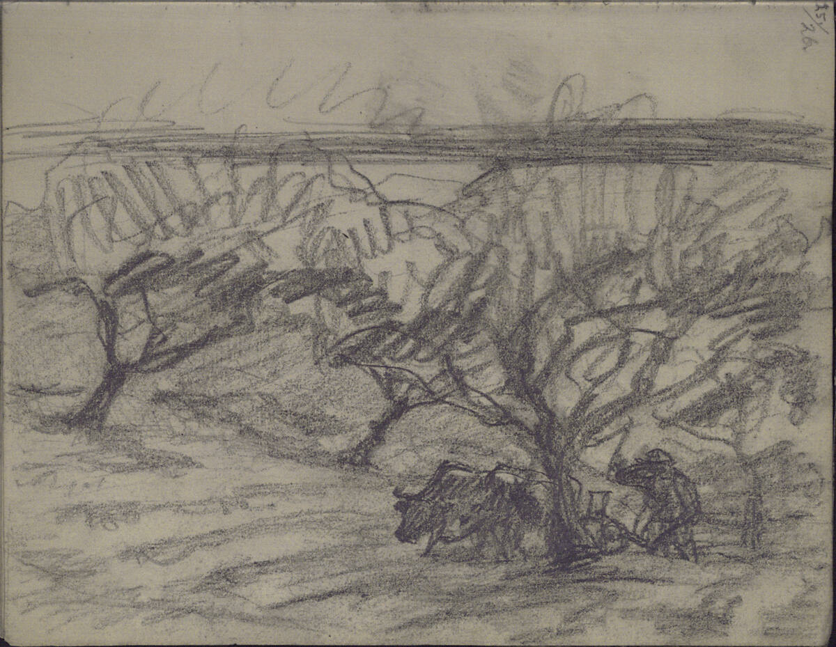 Pflügender Bauer mit einem Ochsengespann zwischen Obstbäumen, Teutwart Schmitson, 1858–1863