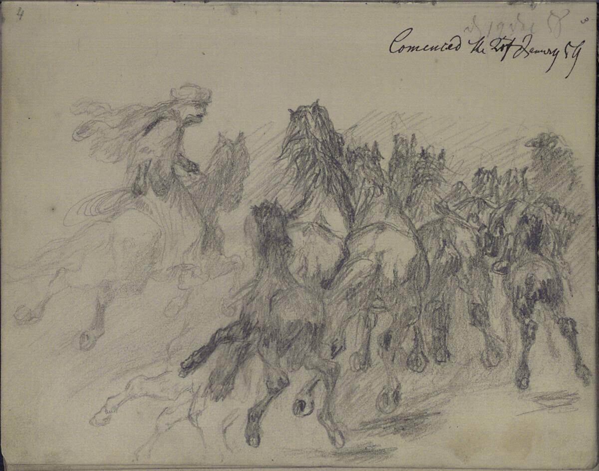 Eine Gruppe von Pferden, von hinten gesehen, wird von einem berittenen Hirten vorangetrieben, Teutwart Schmitson, 1858-12-19–1859-01-02