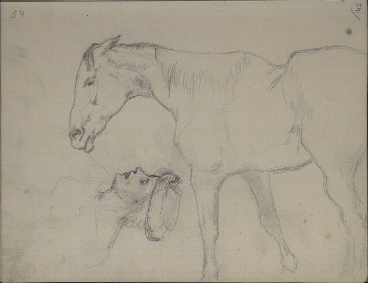 Brustbildnis einer Frau mit Hut und Kopfwendung nach rechts; um 90° nach rechts gedreht: Pferd von hinten mit Kopfwendung ins Profil, Teutwart Schmitson, 1858–1863