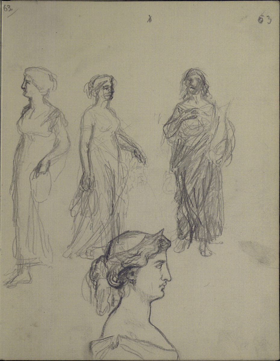 Drei weibliche allegorische Figuren und Profil einer weiteren weiblichen Figur klssischen Stils (villeicht zugehörig zu dem Monument auf p.61), Teutwart Schmitson, 1858–1863