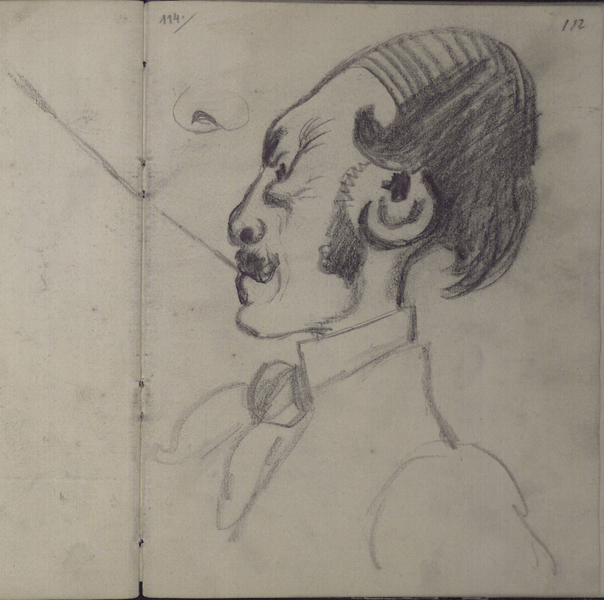 Profilkopf eines karikierten Mannes mit langer Zigarette nach links (vgl. p.112), Teutwart Schmitson, 1858–1863