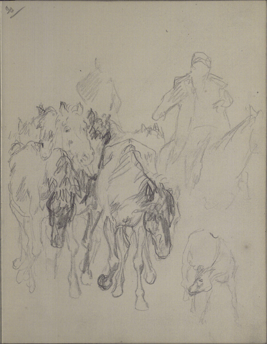 Gruppe von Pferden mit zwei Reitern nach vorne rechts, Teutwart Schmitson, 1858–1863
