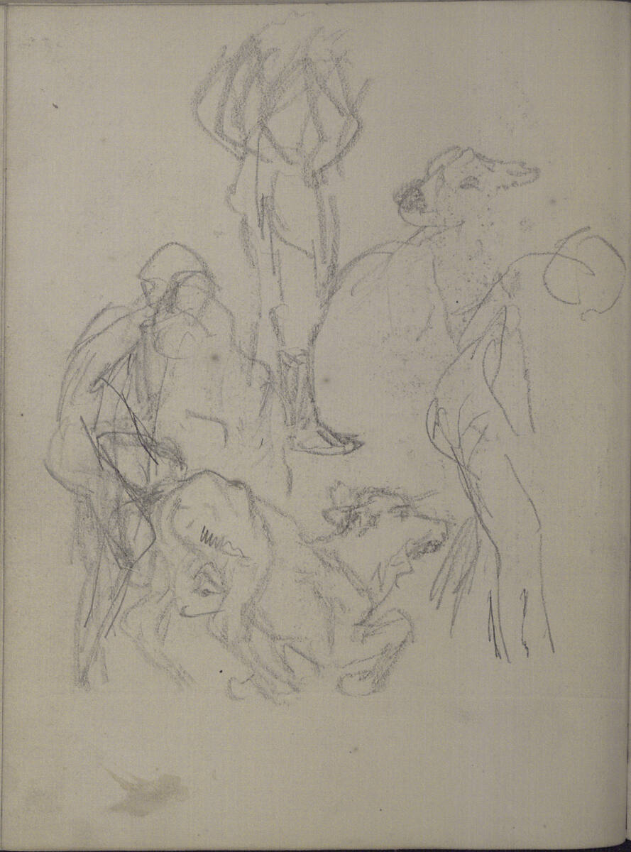 Skizze von Figuren und einem knienden Kalb, Teutwart Schmitson, 1858–1863