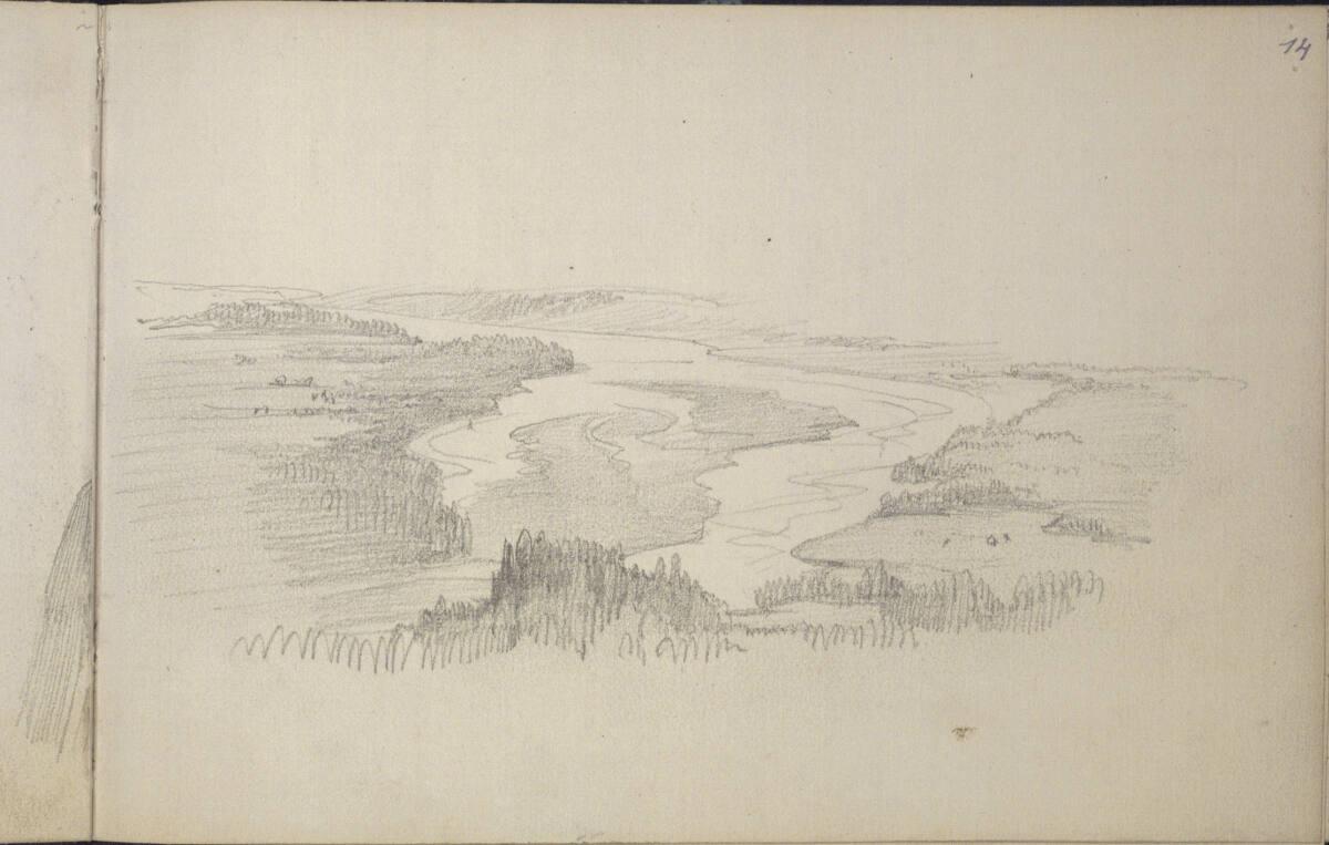 Anton Hansch, Undeutliche Skizze; Flusslandschaft von erhöhtem Blickwinkel, Inv. Nr.: 16162/b