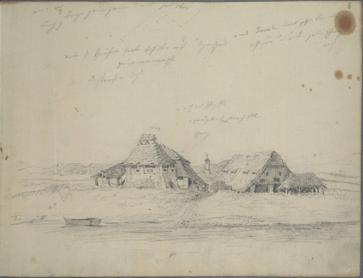 Bauernhäuser auf einer Ebene an einem Fluss oder See; Notizen, Joseph Holzer, 1836–1837