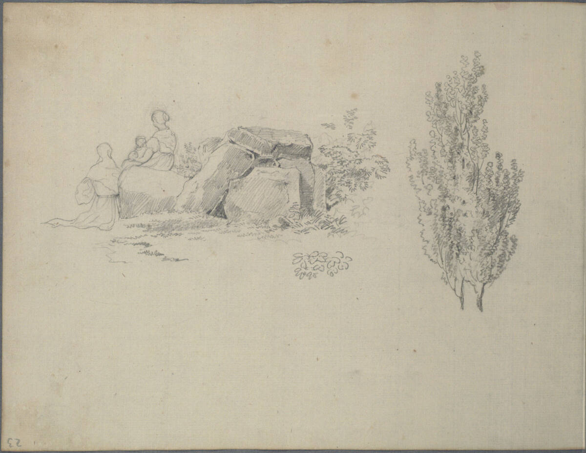 Frauen und Kinder an einer Felsgruppe; Pappeln (kopfstehend), Joseph Holzer, 1836–1837