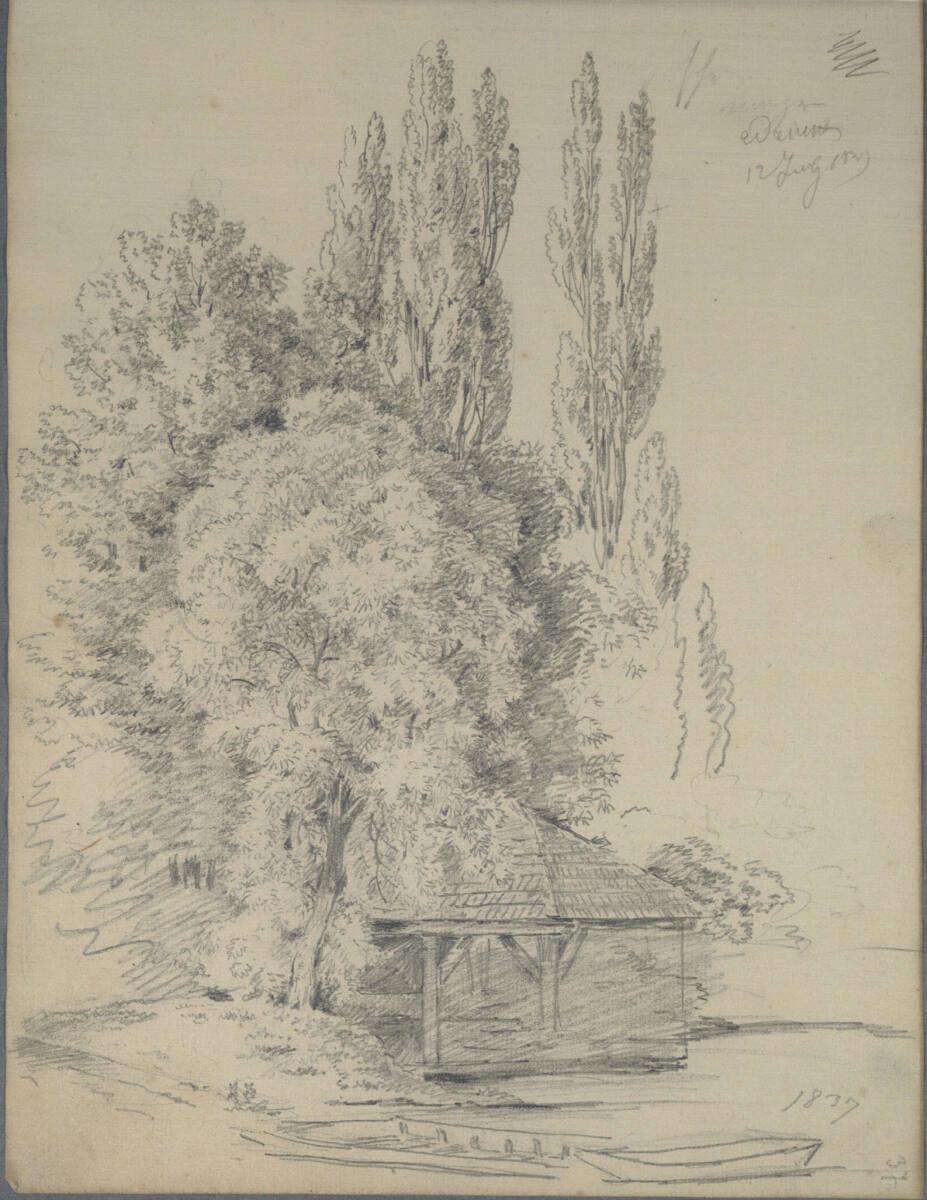 Joseph Holzer, Baumgruppe um eine Holzlaube an einem Fluss oder See, Inv. Nr.: 25932/37