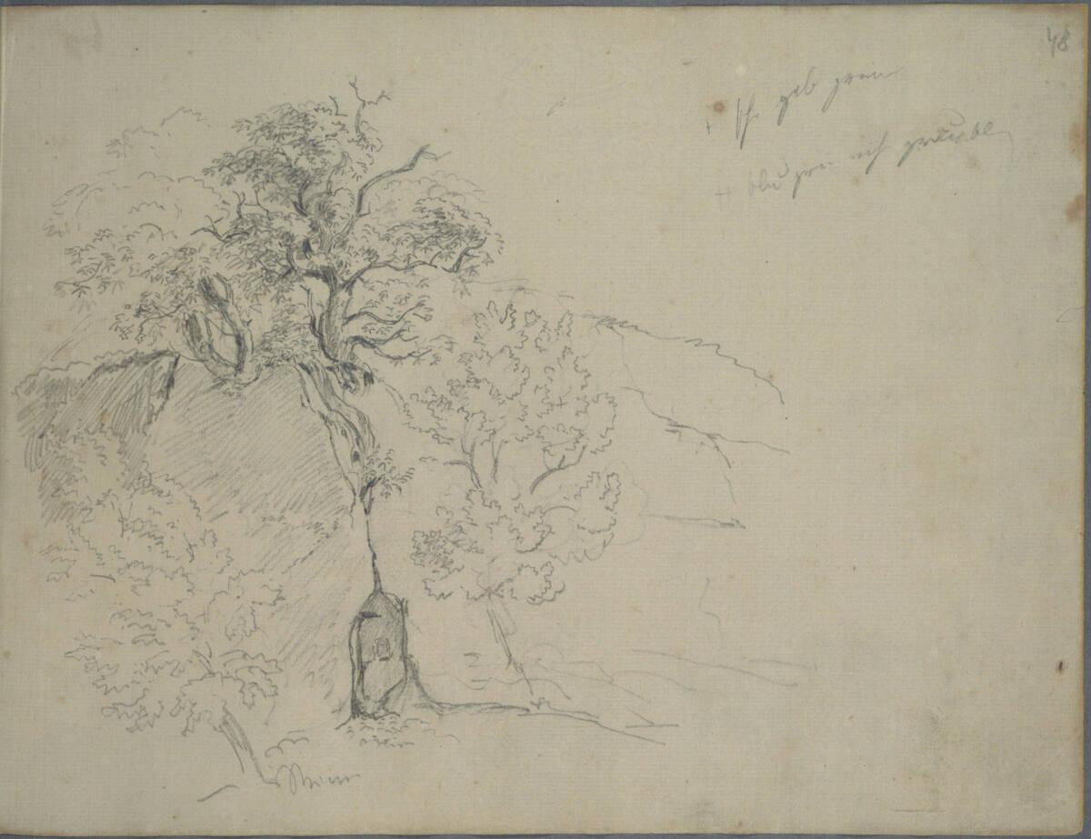 Joseph Holzer, Eingang zu einer bewachsenen Felshöhle mit einem Marterl, Inv. Nr.: 25932/48r