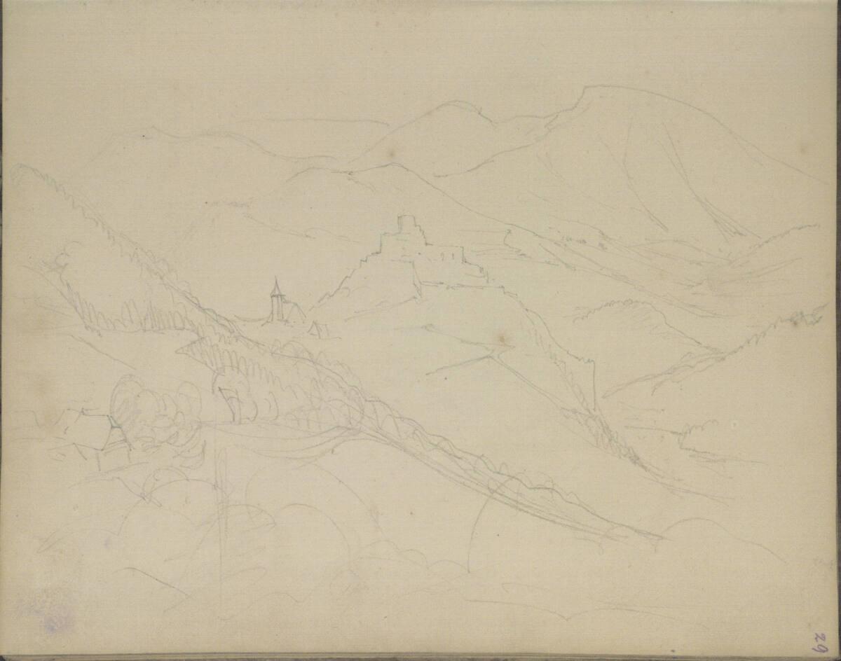 Anton Hansch, Skizze einer Berglandschaft mit Burgruine und Kirche, Inv. Nr.: 16241/a