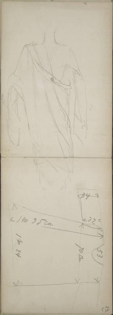 Emerich Alexius Swoboda, Figurenskizze mit Toga; Skizze und Maßangaben eines Obergewandes, Inv.…