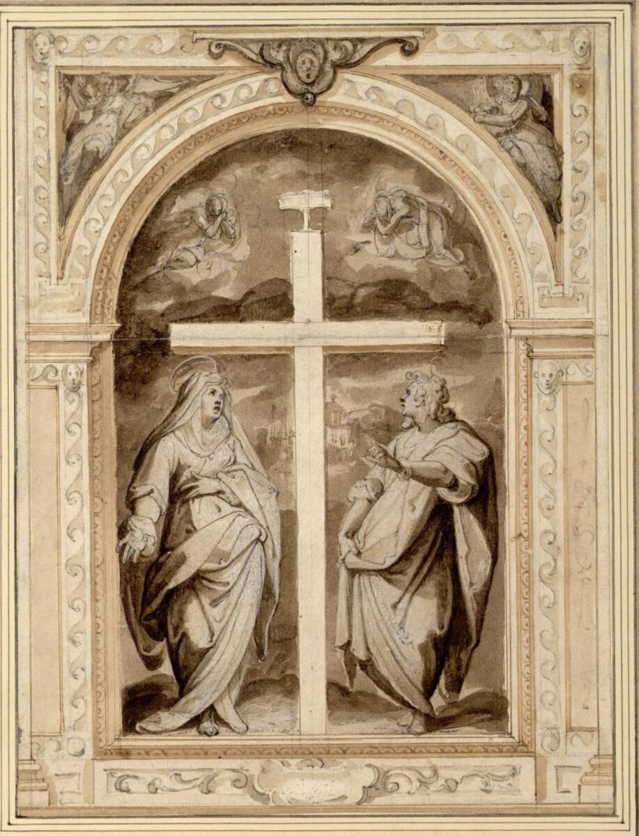 Raffaello Schiaminossi, Maria und Johannes unter dem leeren Kreuz Christi; im Halbrund oben zwe…