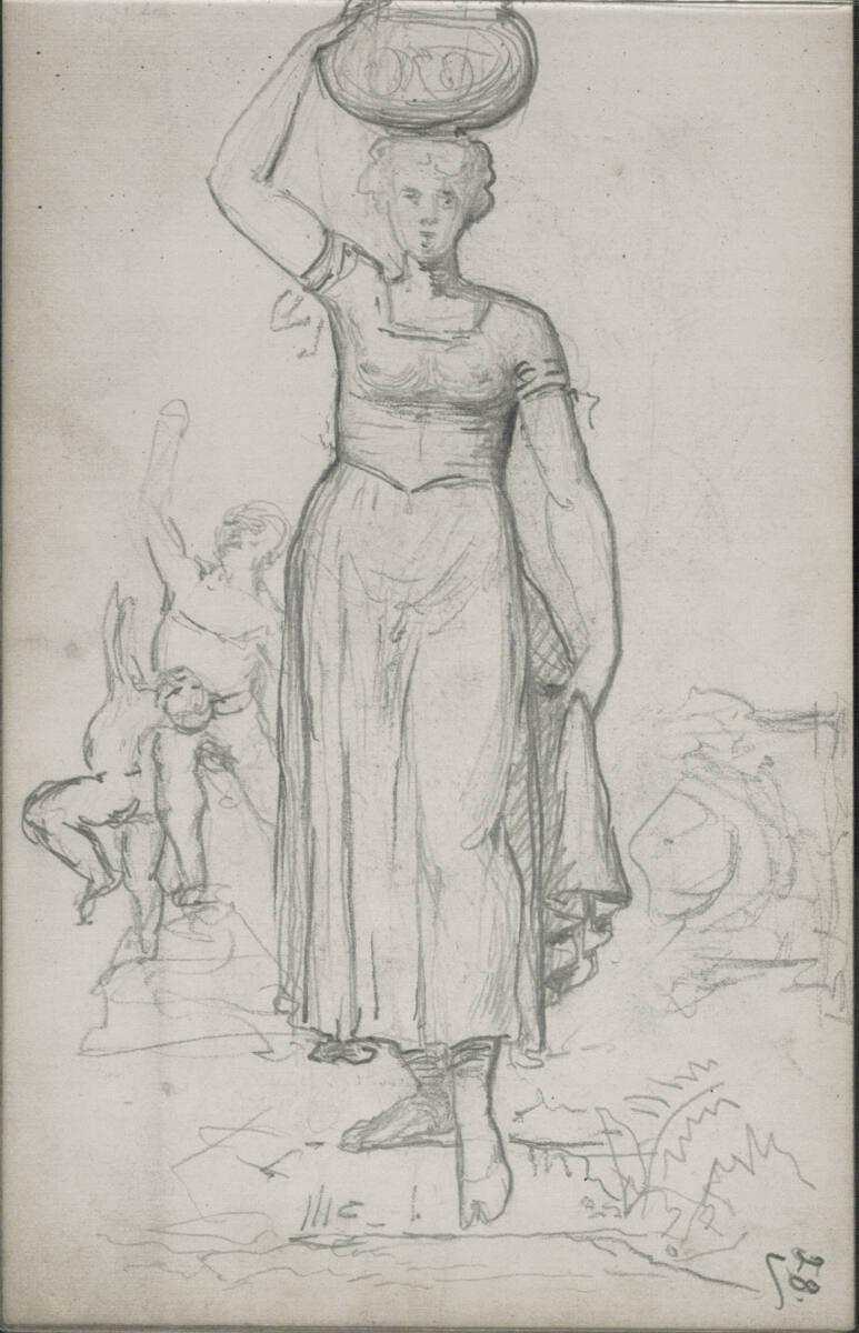Emerich Alexius Swoboda, Figurenskizze einer Frau einen Krug auf dem Kopf balancierend; dynamis…