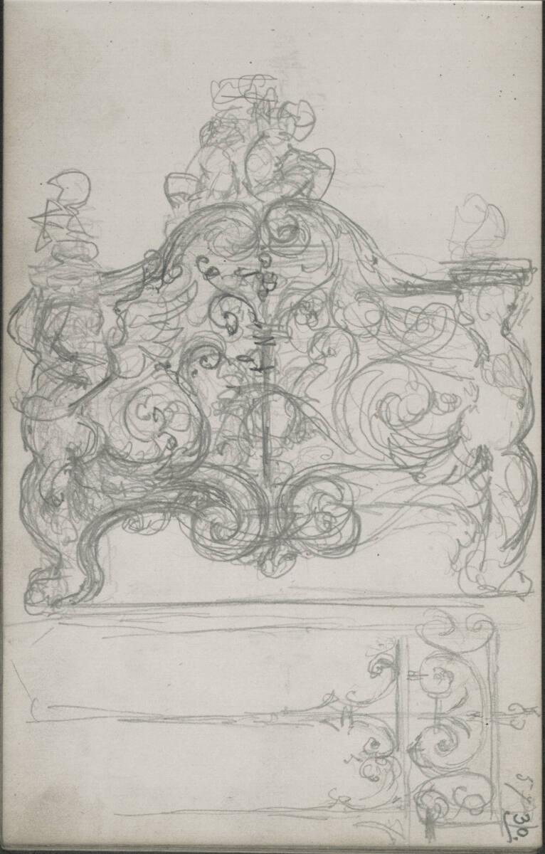 Emerich Alexius Swoboda, Skizze eines barocken Möbels (?); Skizze eines ornamentierten Chorgitt…