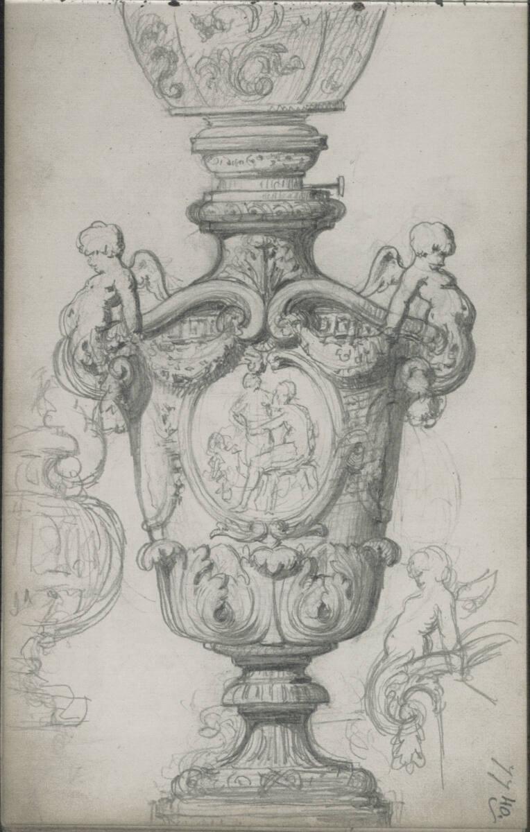 Emerich Alexius Swoboda, Studie eines mit Figuren und Ranken geschmückten Gasleuchters, Details…