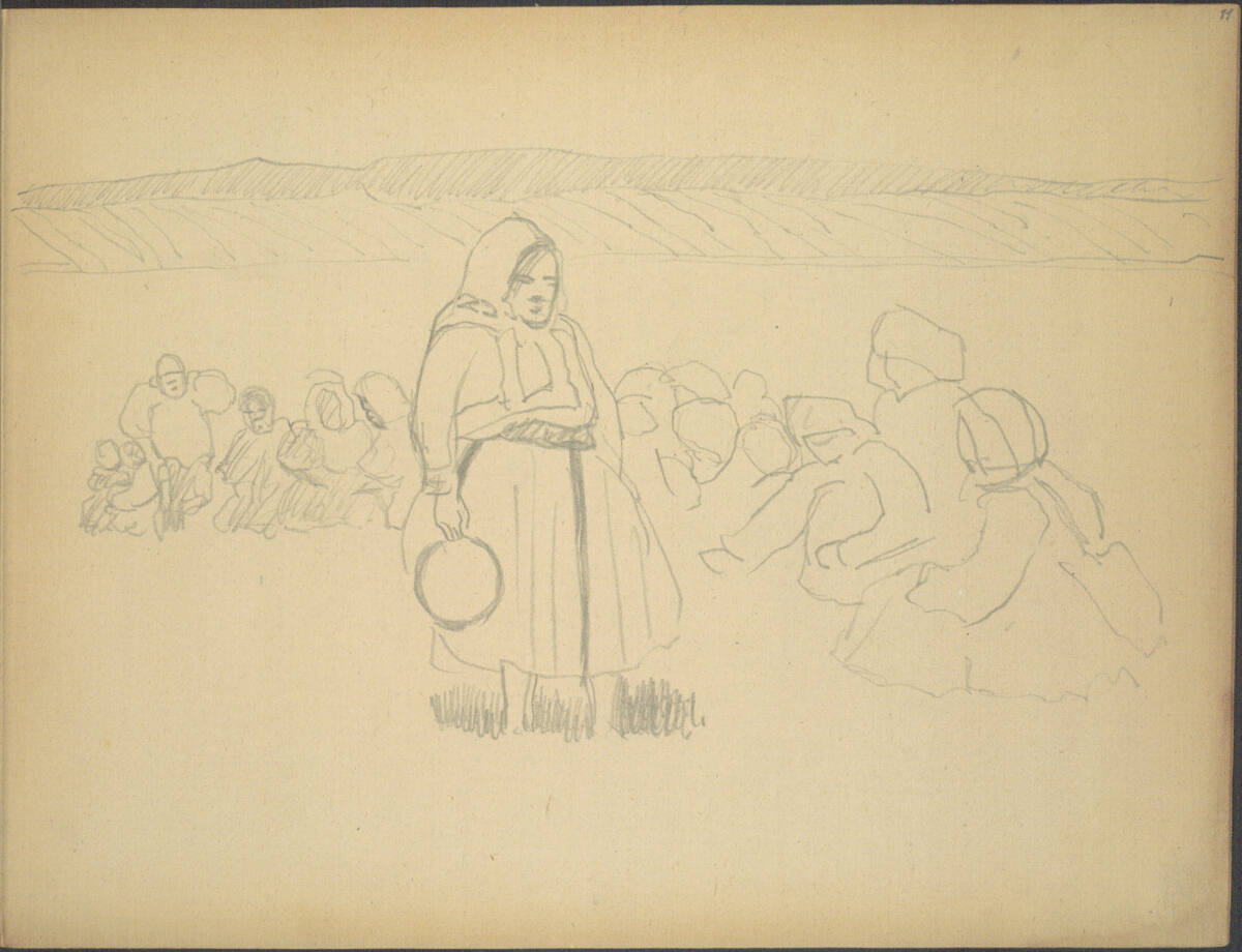 Auf dem Feld tanzende (?) Bäuerin im Kreise ihrer sitzenden Kolleginnen, Joža Uprka, 1917