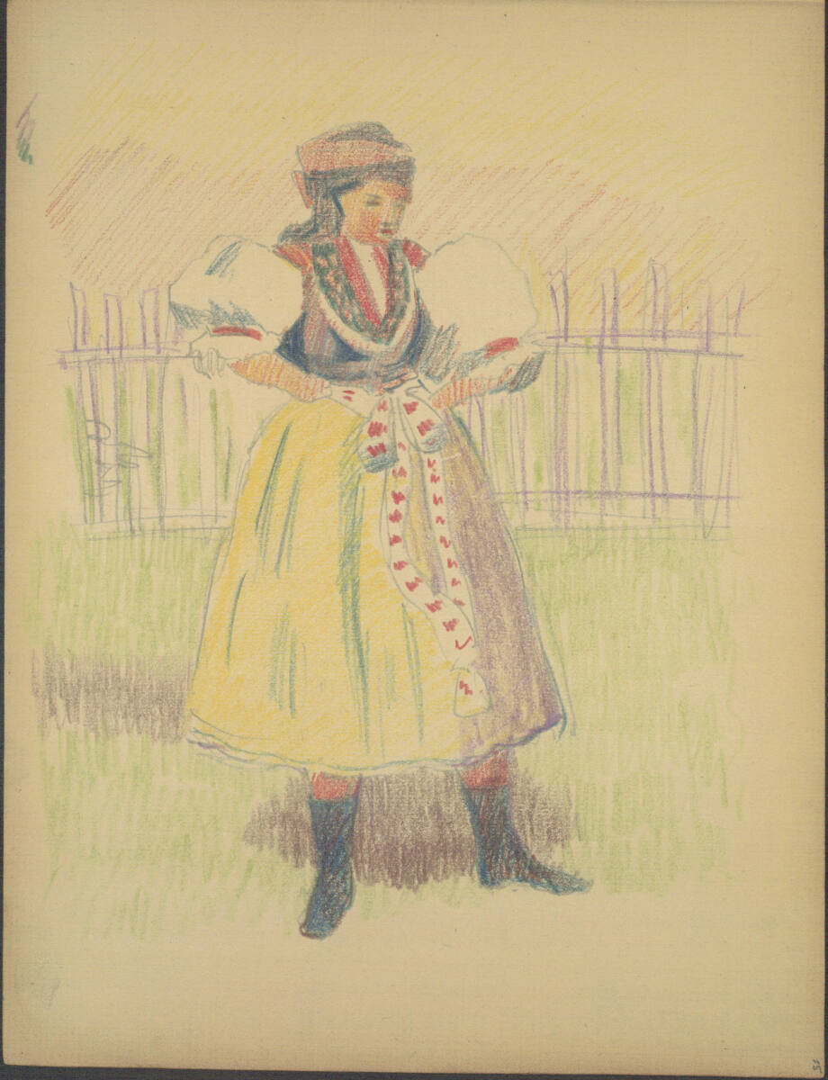 Junge Frau in Tracht vor einem Gartenzaun, Joža Uprka, 1917