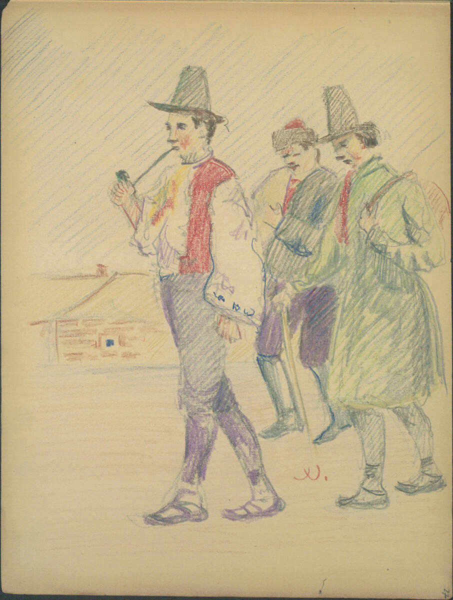 Straßenszene mit Wanderern und Mann mit Pfeife, Joža Uprka, 1917