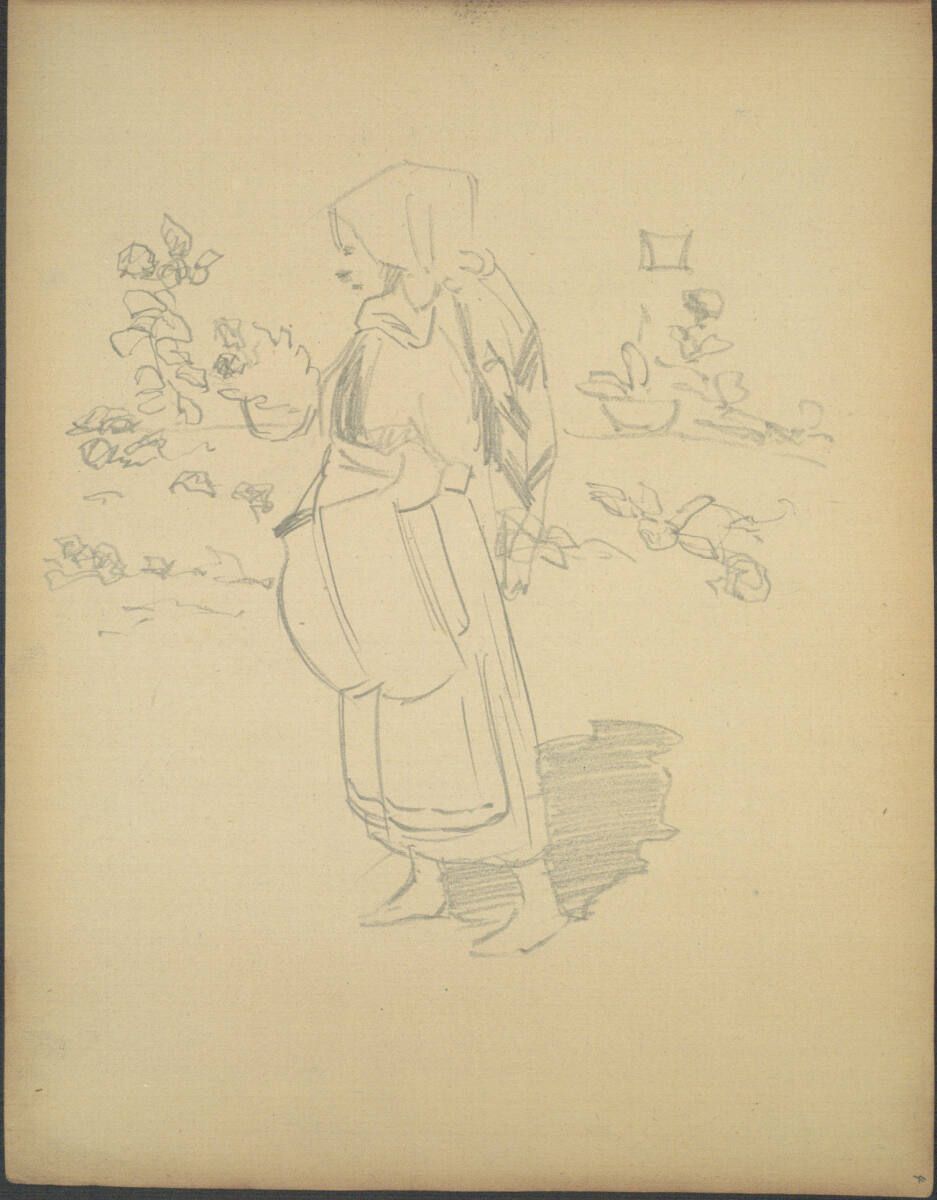Skizze einer stehenden Bäuerin mit Landschaftsausschnitt, Joža Uprka, 1917