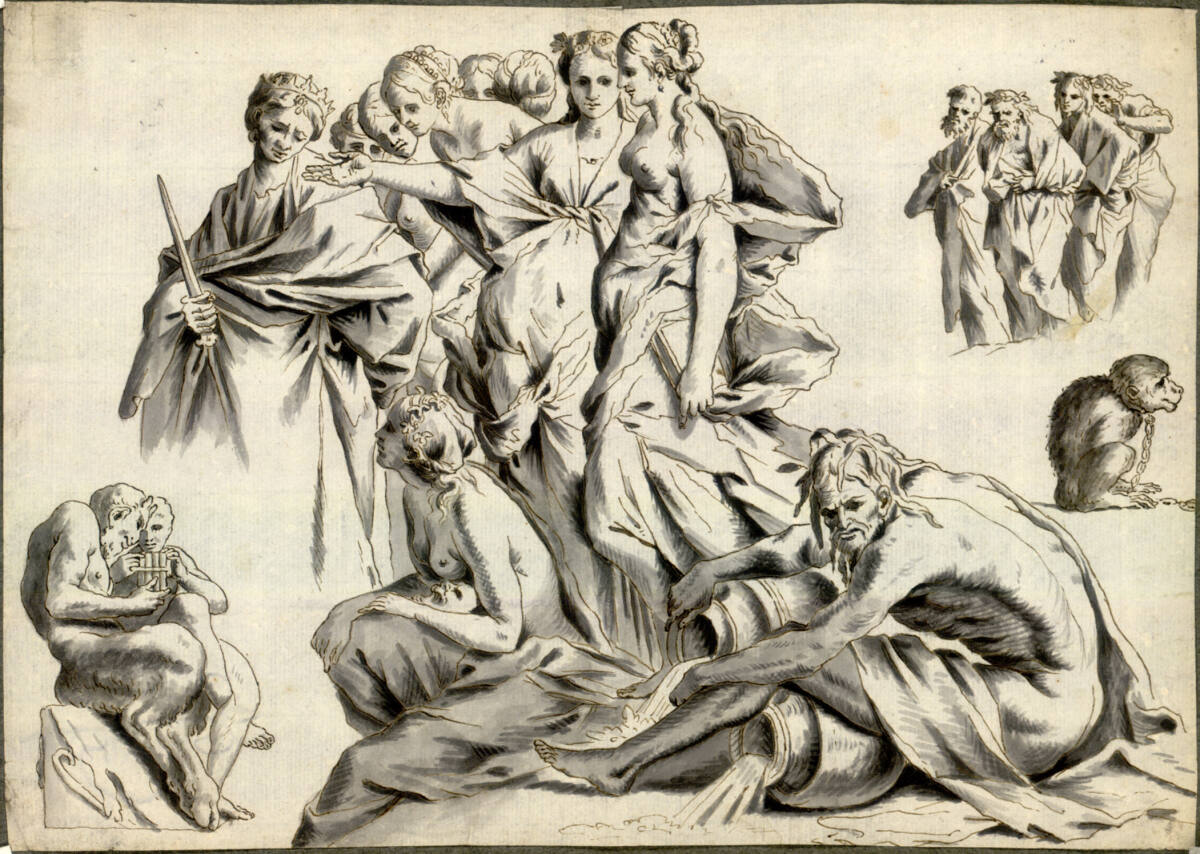 Diverse Skizzen: Satyr, Pan, Mythologische Figuren, angeketteter Affe, Giulio Carpioni