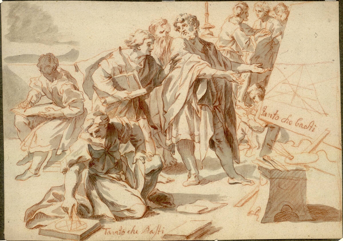 Figurengruppe (Vorzeichnung ?) zu dem Stich der "Accademia di pittura" von Nicolas Dorigny nach Carlo Maratta von 1705-1710, Bolognesisch