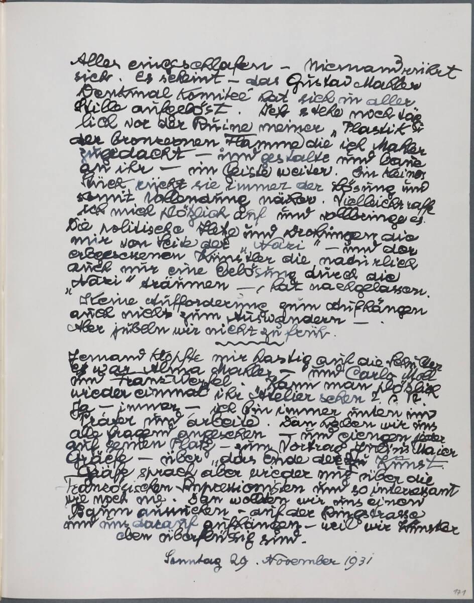 Anton Hanak, Tagebucheintrag, Inv. Nr.: 36080/4/171
