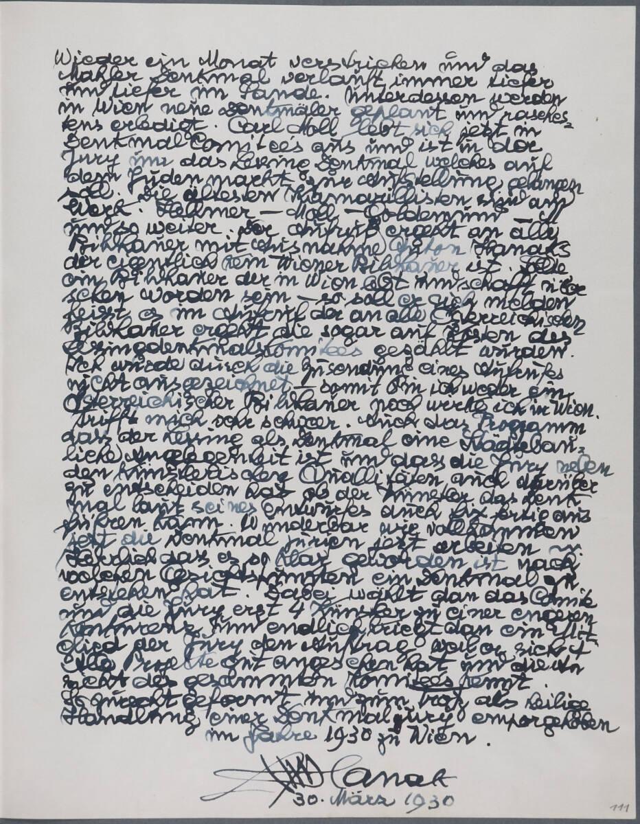 Anton Hanak, Tagebucheintrag, Inv. Nr.: 36080/4/111