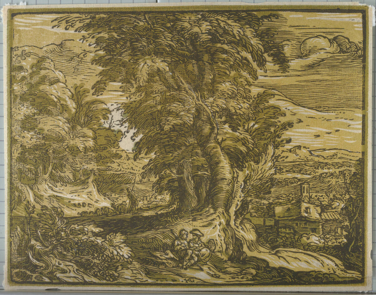 Landschaft mit Baumgruppe und sitzendem Paar, Hendrik Goltzius