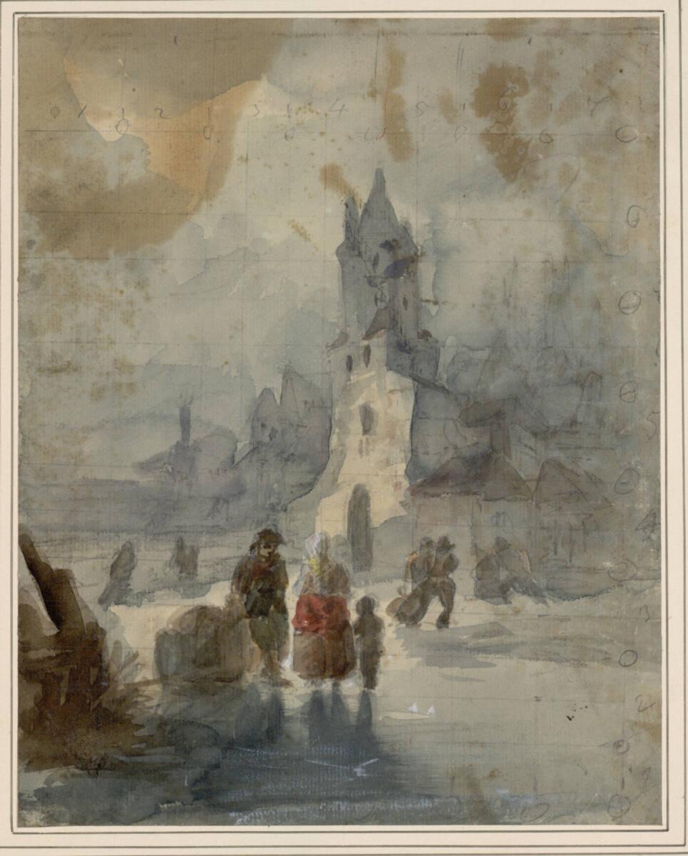 Andreas Schelfhout, Winterlandschaft mit Schlittschuhläufern vor einem Turm, Inv. Nr.: 14105