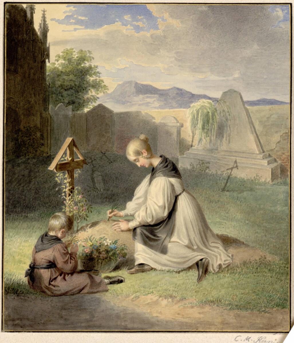 Matthäus Kern, Zwei Kinder das Grab ihrer Eltern schmückend, Inv. Nr.: 14119