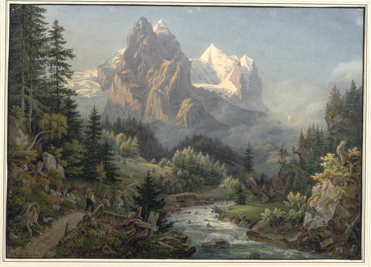 Wellhorn und Wetterhorn, links der Rosenlauigletscher, in der Abendbeleuchtung, JacobMayer, 1827