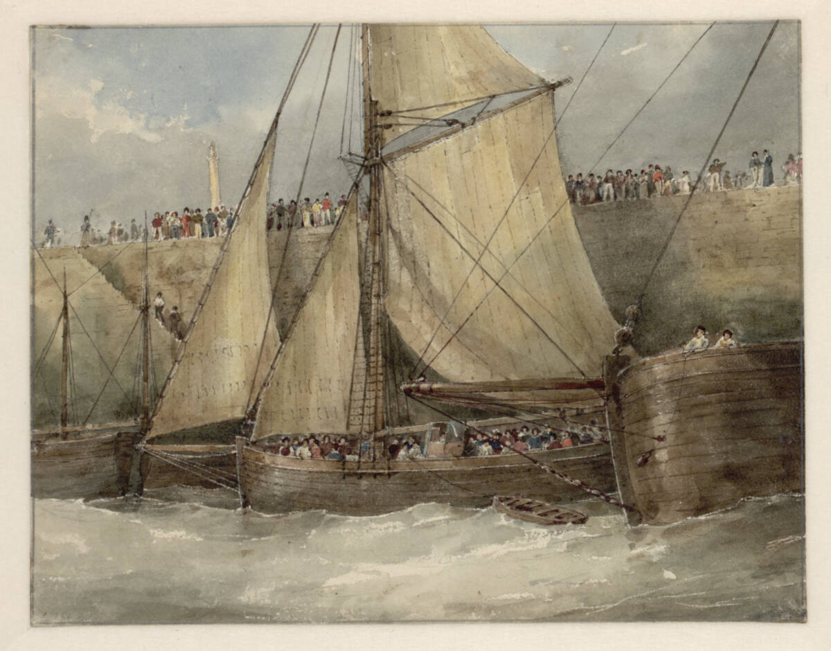 Passagierkutter am Quai de la Colonne im Hafen von Calais, Eugène Isabey, 1825