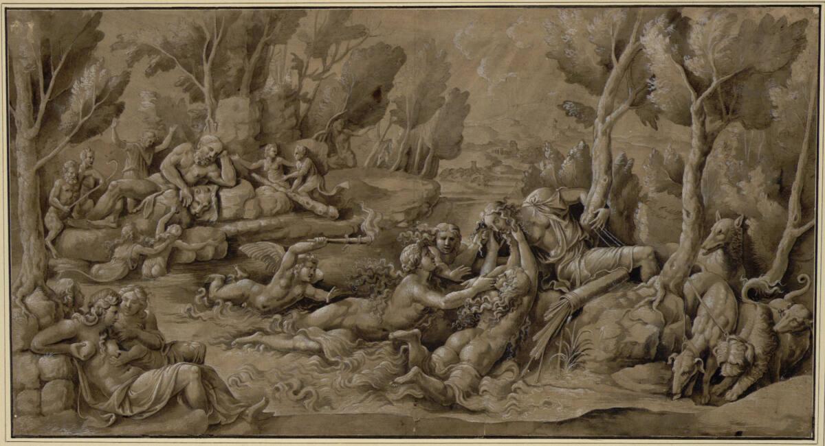 Giulio Romano, Hylas, von den Nymphen geraubt. Drei Nymphen, von Amor angefeuert, entführen Hyl…