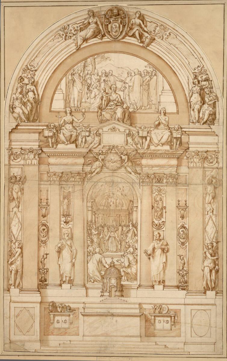 Federico Zuccari, Entwurf für eine Wanddekoration mit dem Pfingstwunder im innersten Bogen und …