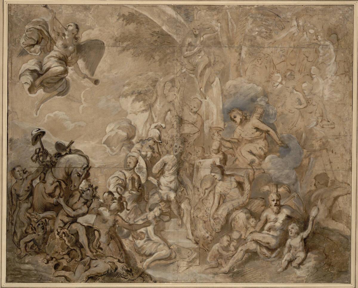 Anonym, Apotheose der Malerei. (In der Mitte Apelles an der Staffelei, dem die Götter Saturn, A…