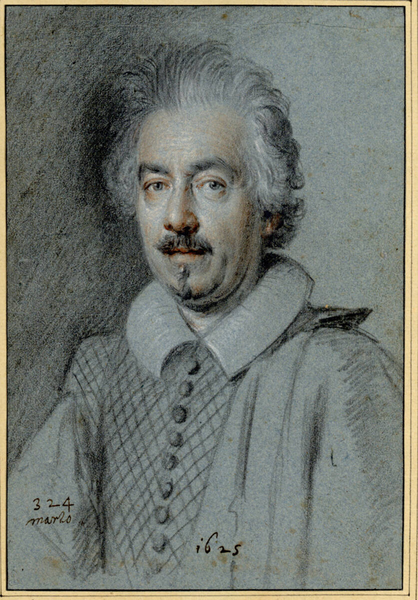 Bildnis des Pier Francesco Paoli da Pesaro mit emporgekämmtem Haar, Schnurrbart und Fliege nach links, Ottavio Leoni