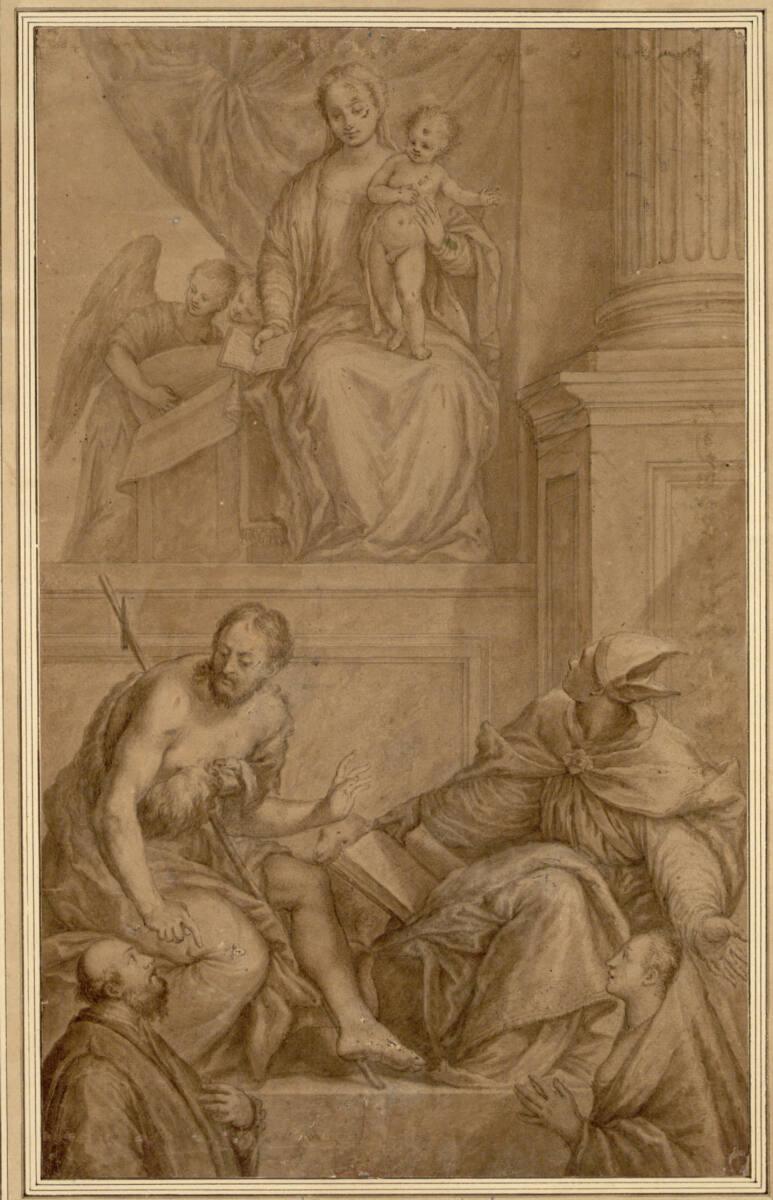 Francesco Petrucci, Die Madonna mit dem Kind erhöht in einer Säulenarchitektur sitzend, neben i…