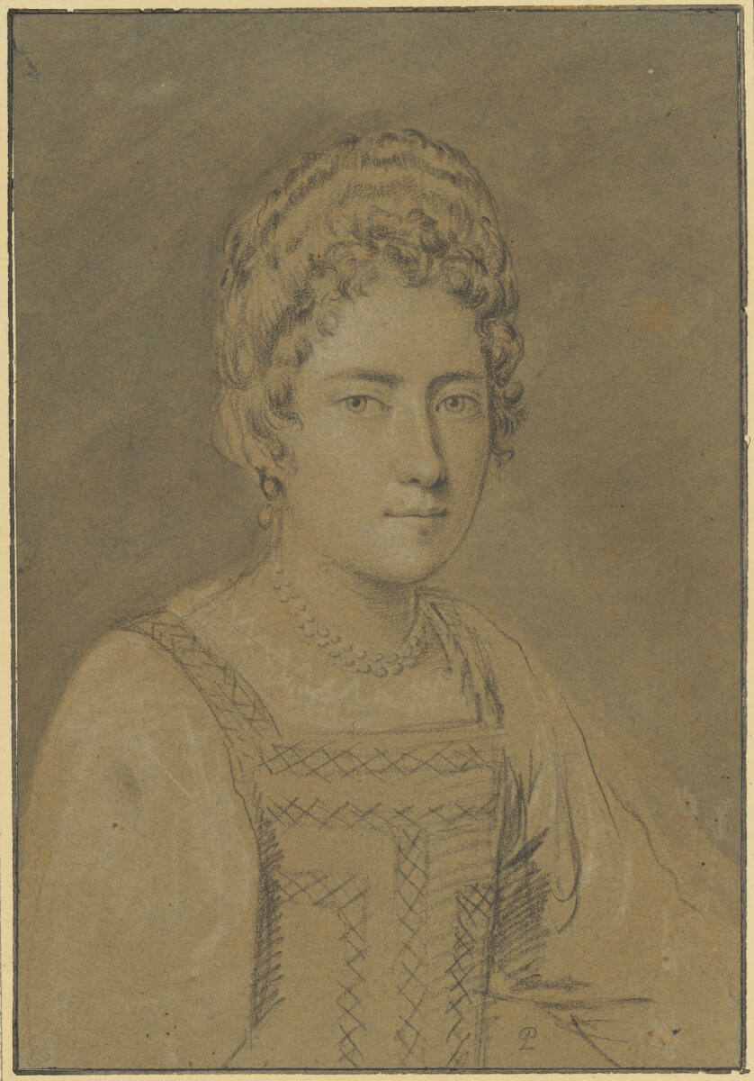 Brustbild einer Dame mit hoher Frisur, Ohrgehänge und zweireihiger Perlenkette, Ottavio Leoni