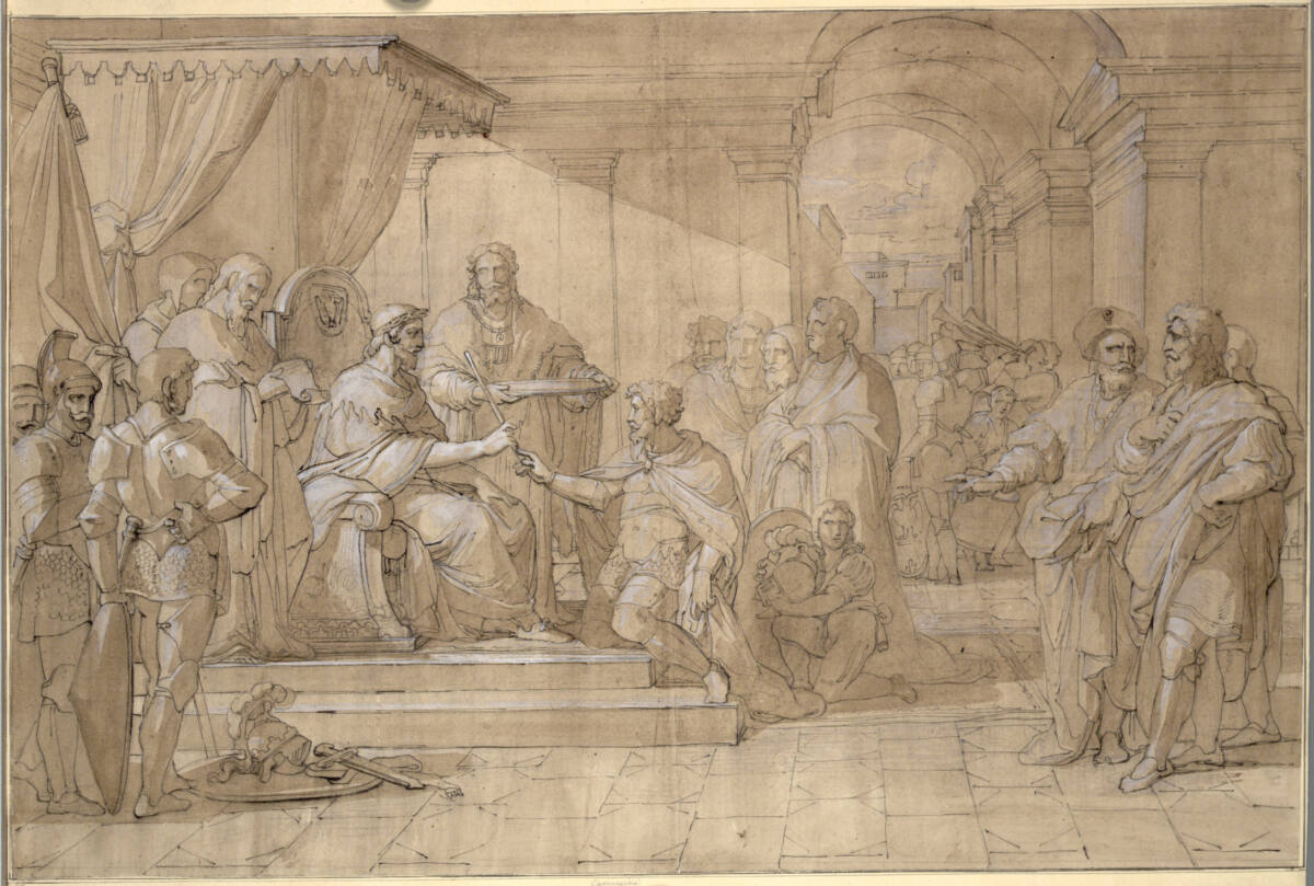 Kaiser Friedrich Barbarossa (1122-1190) übergibt dem Conte Ludovico Baglioni den Befehlsstab als Statthalter von Perugia, Vincenzo Camuccini