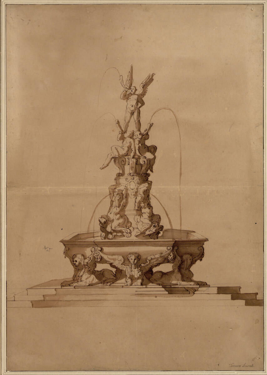 Prachtbrunnen, bekrönt mit geflügelten Putten, Tommaso Laureti