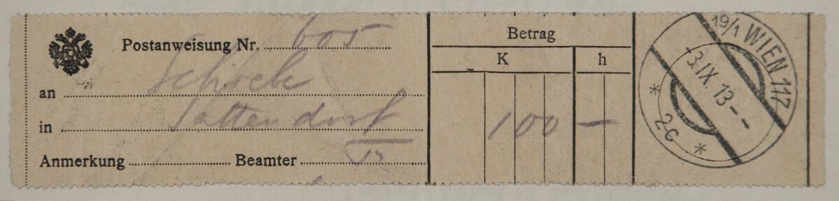 Postanweisung von Franz Hauer an Egon Schiele vom 3. September 1913, Inv. Nr.: ESA107a